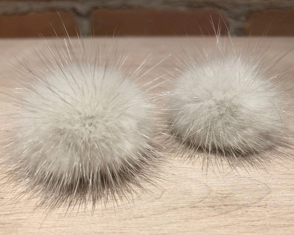 Light Grey Mink Fur Pom Silver Earrings