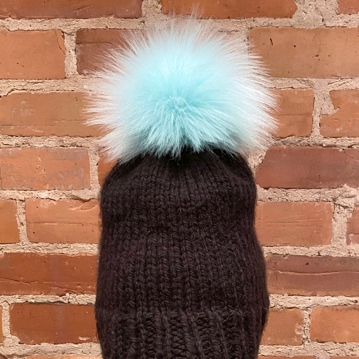 Jumbo Large Light Aqua Pom Pom on Black Knit Hat