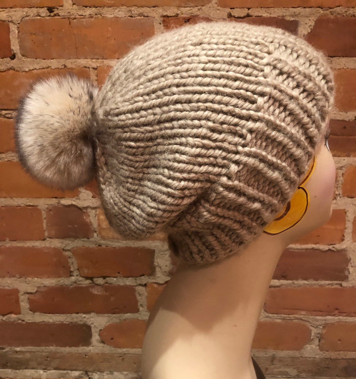 Beige Black Faux Fur Pom, 3.5Inch