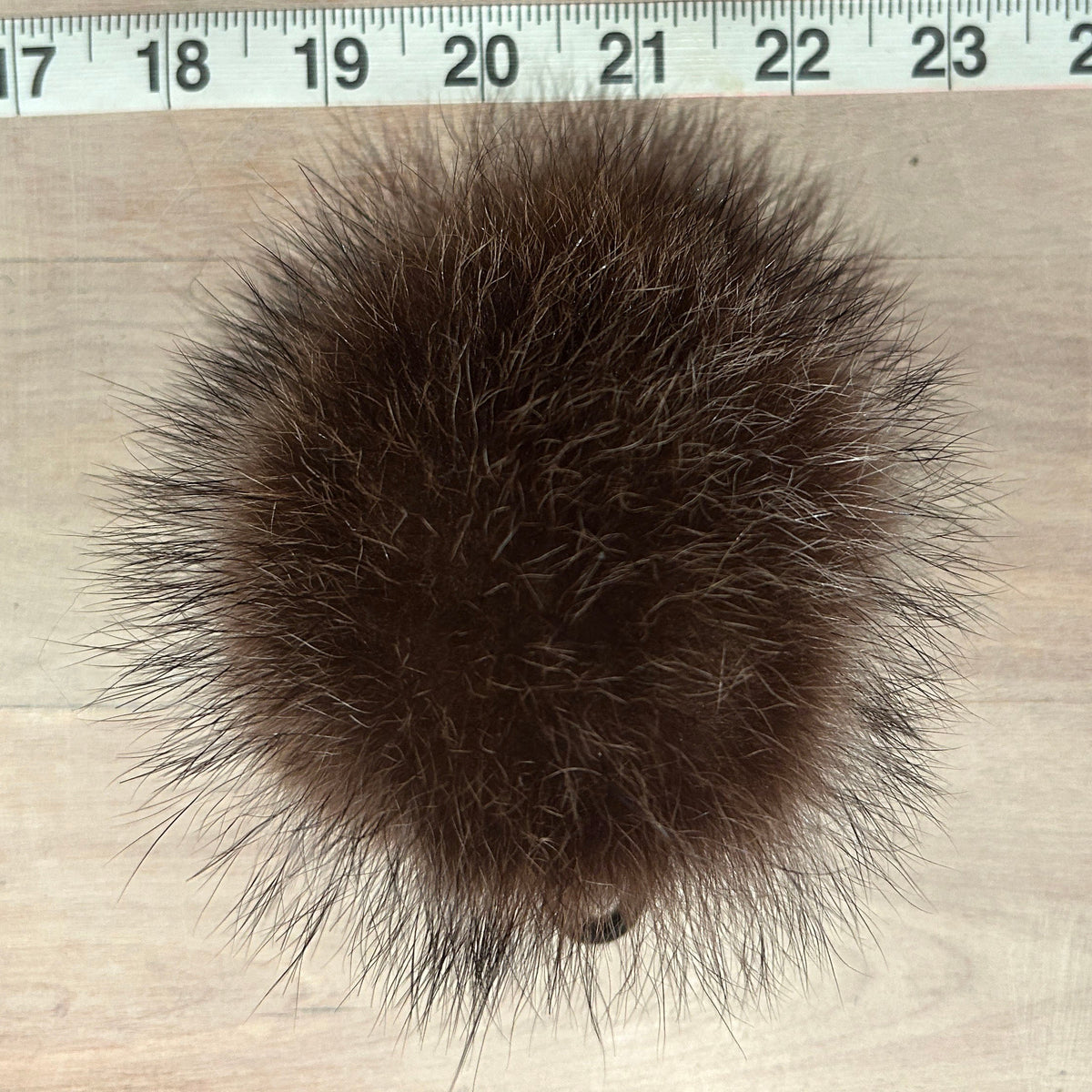 A dark brown fluffy raccoon fur pom-pom ball shown from above on a light wood surface, with a measuring tape ruler visible at the top edge for scale.