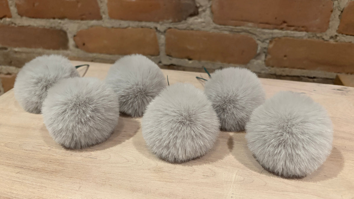 Six Silver Bells Grey Pom Ornaments