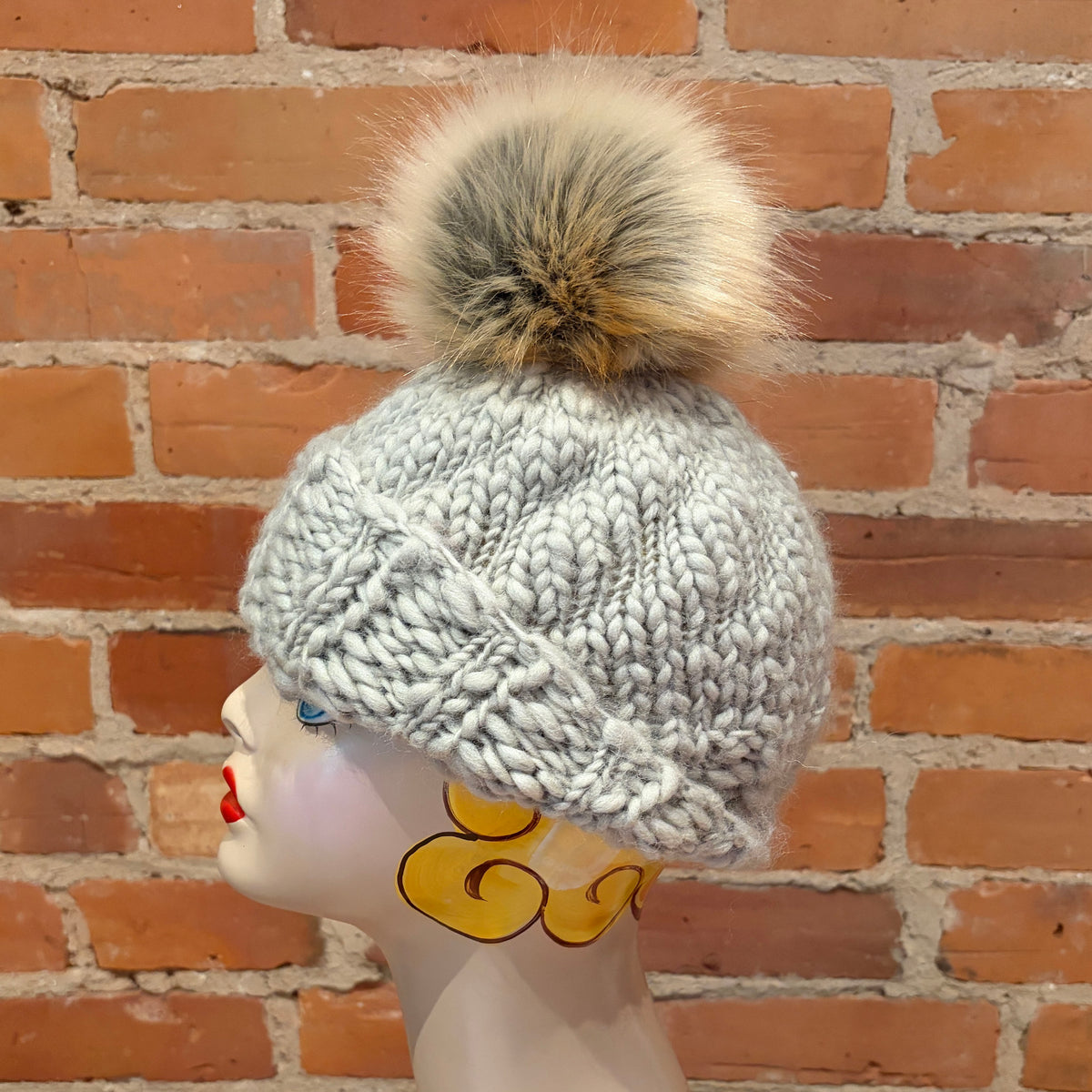 Grey Beige Gold Faux Fur Pom, 5 Inch