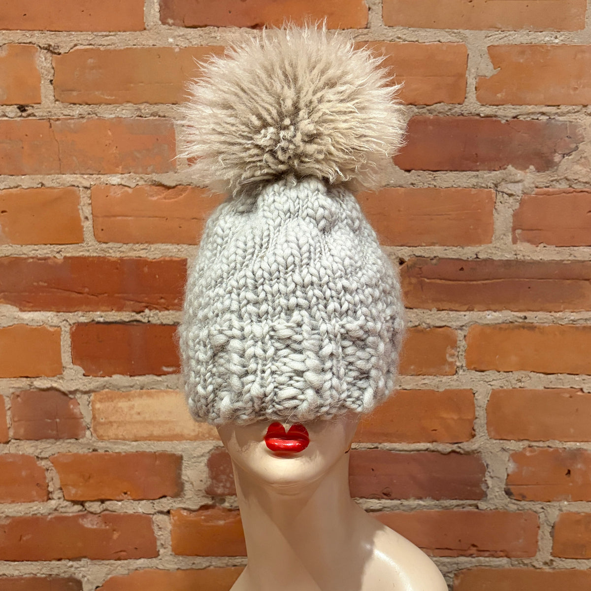 Beige Curly Lamb Fur Pom, 7 Inch