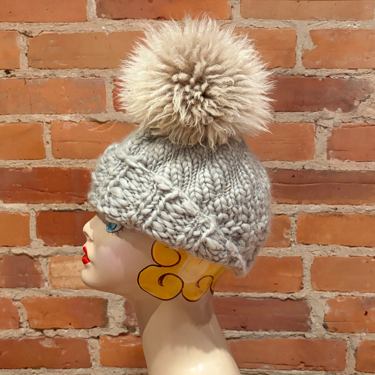 Beige Curly Lamb Fur Pom, 7 Inch