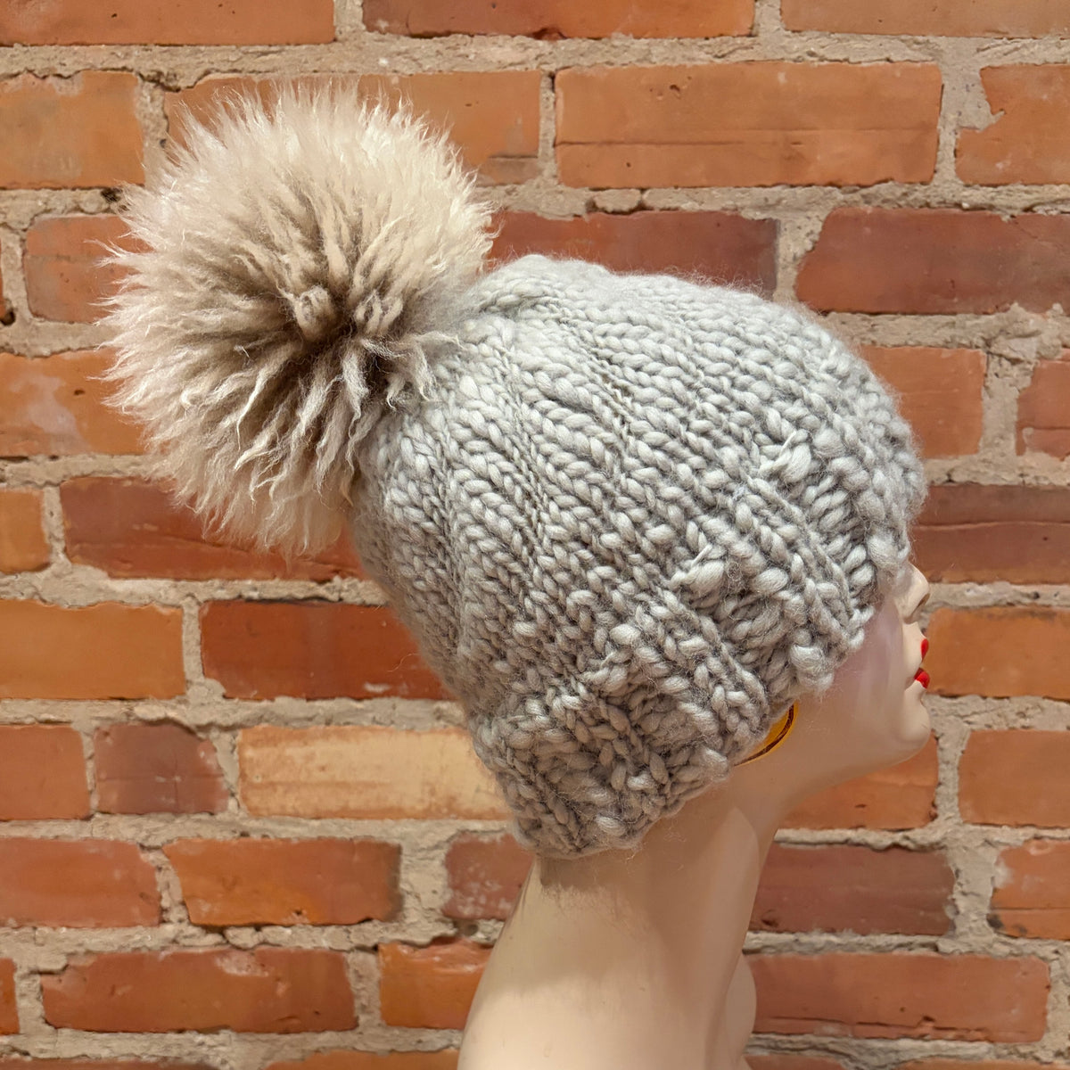Beige Curly Lamb Fur Pom, 7 Inch
