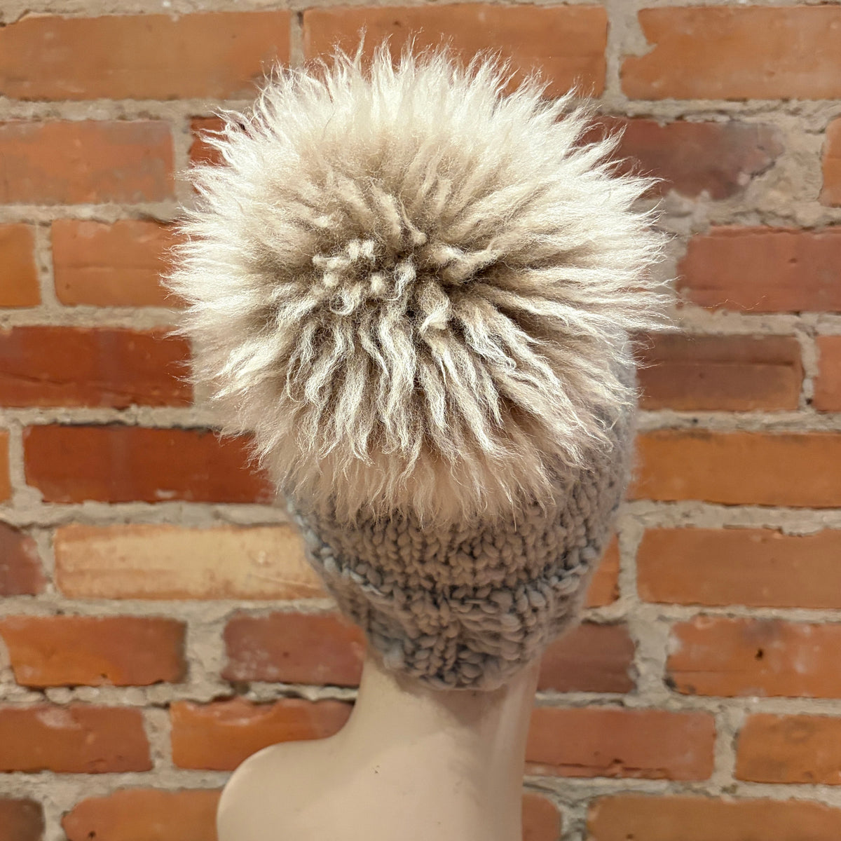 Beige Curly Lamb Fur Pom, 7 Inch