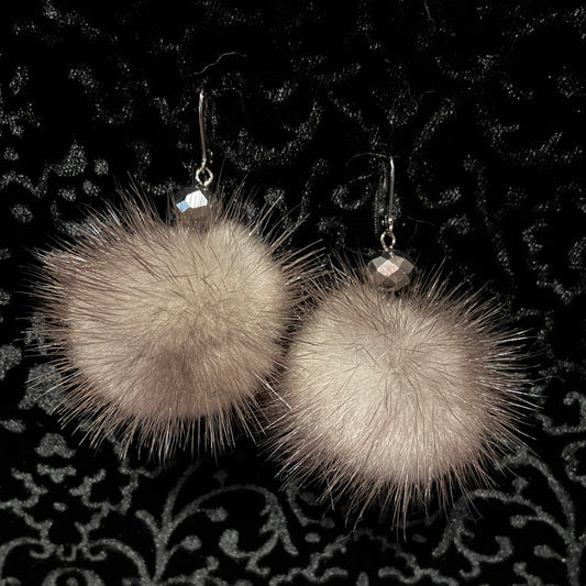 Charcoal Grey Mink Fur Pom Earrings