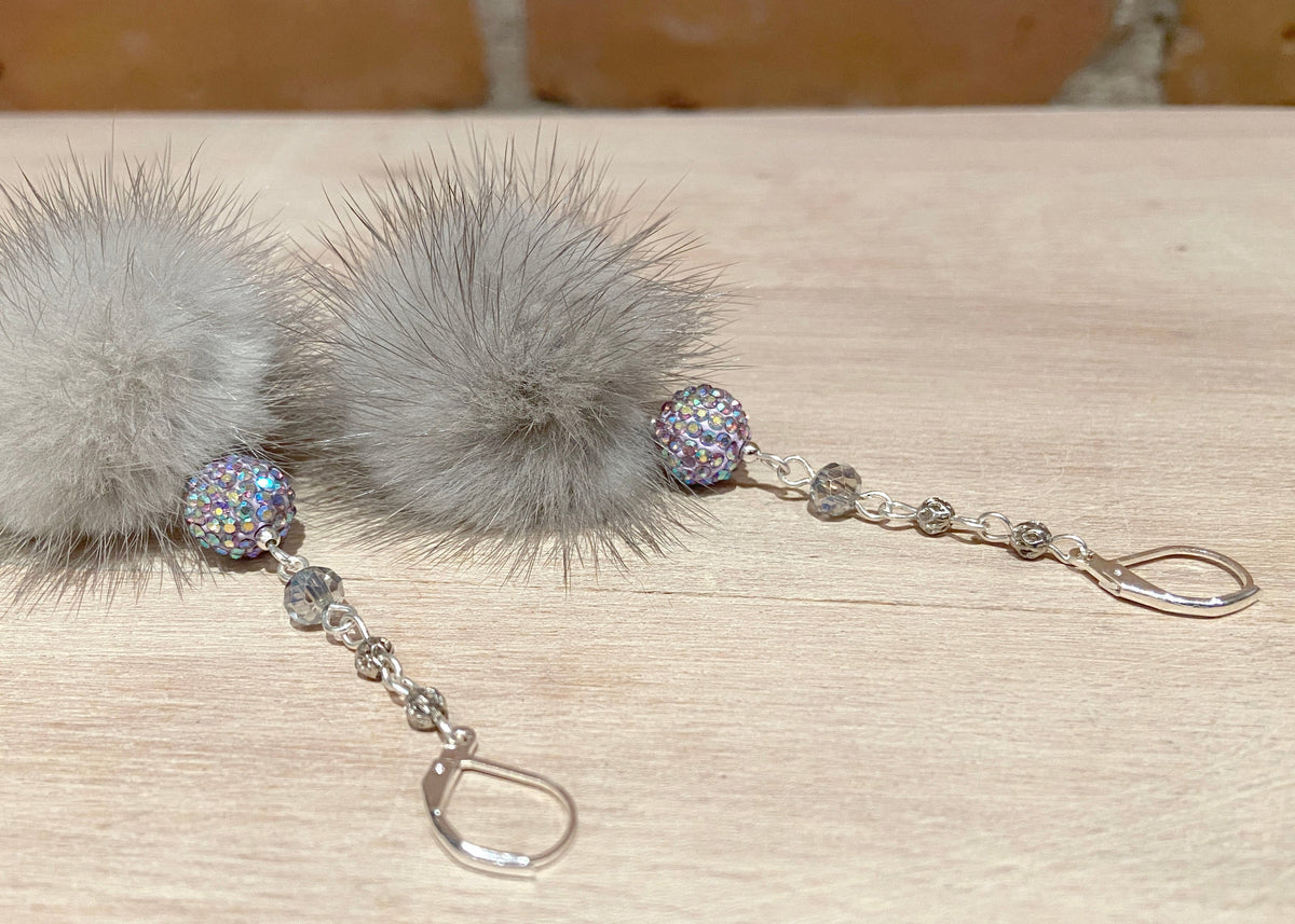 Grey Mink and Rainbow Bead Earrings