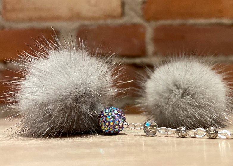 Grey Mink and Rainbow Bead Earrings