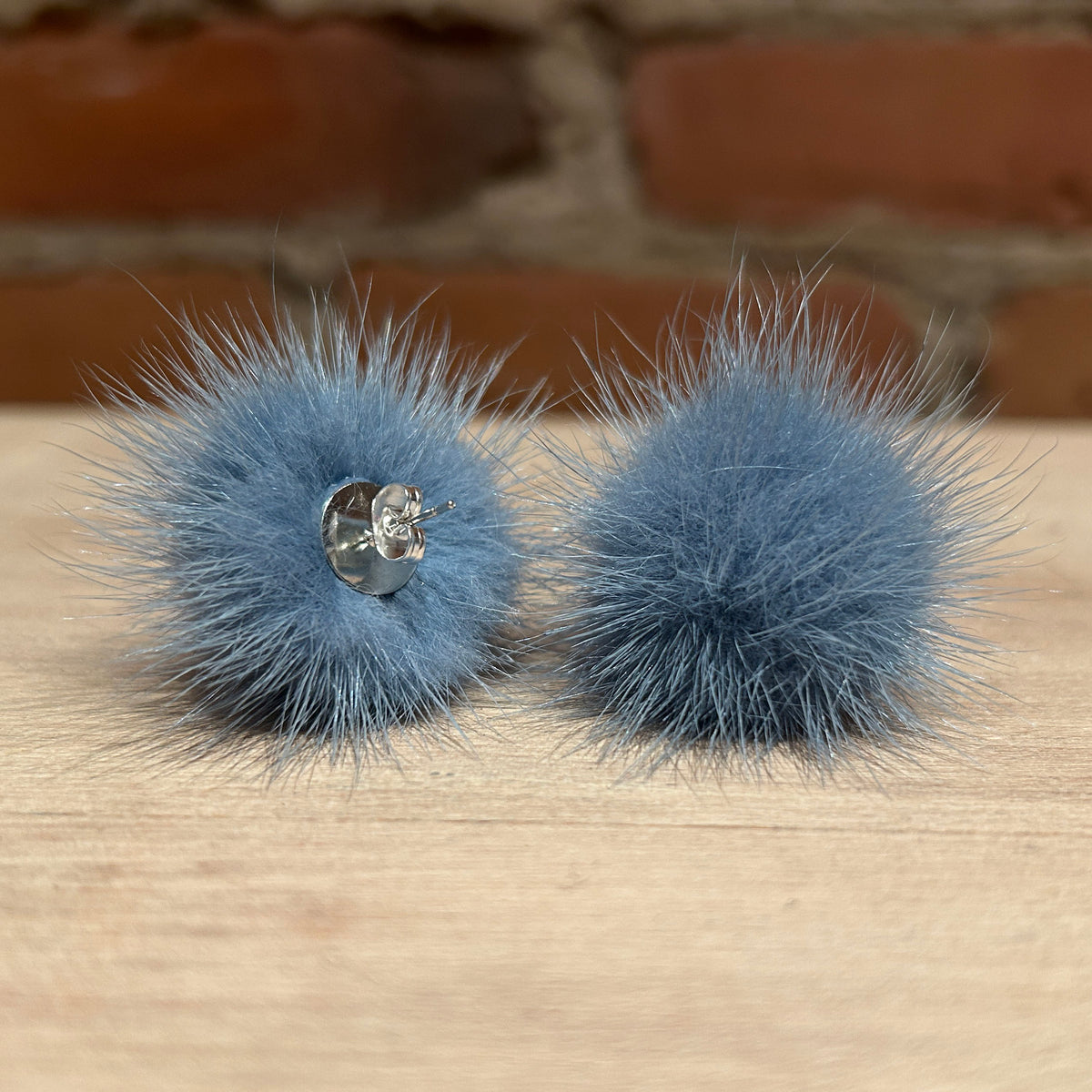 Denim Blue Mink Pom Post Earrings