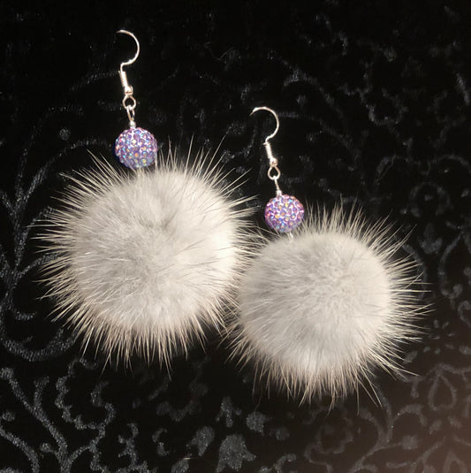 Light Grey Mink Fur Pom Silver Earrings