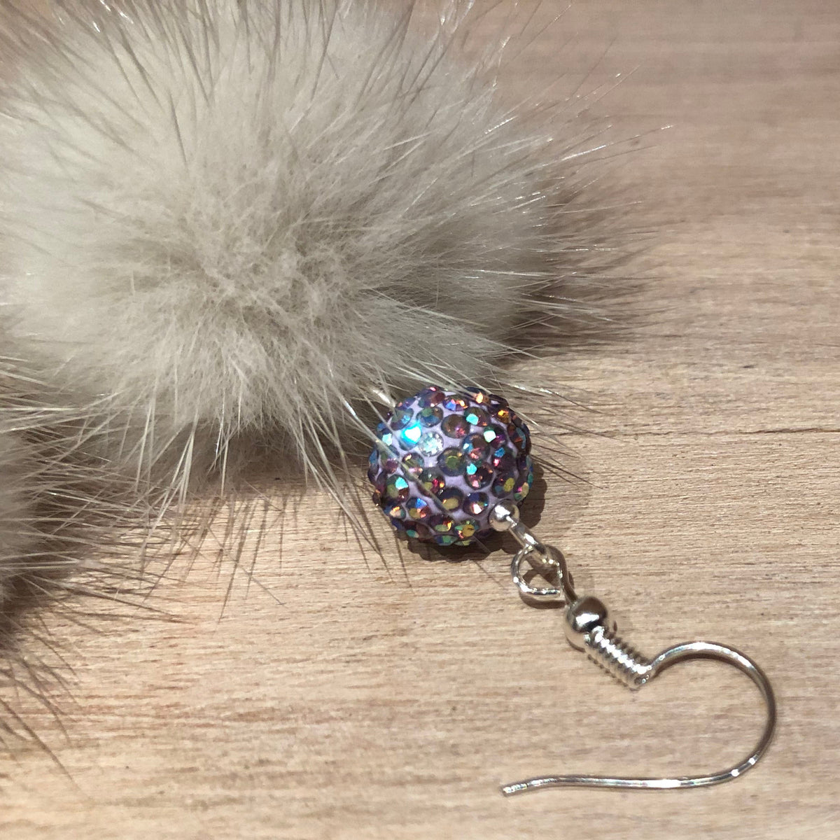Light Grey Mink Fur Pom Silver Earrings