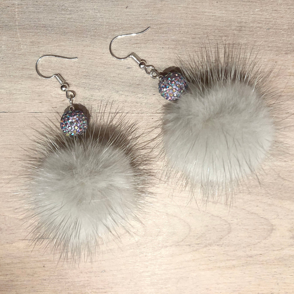 Light Grey Mink Fur Pom Silver Earrings