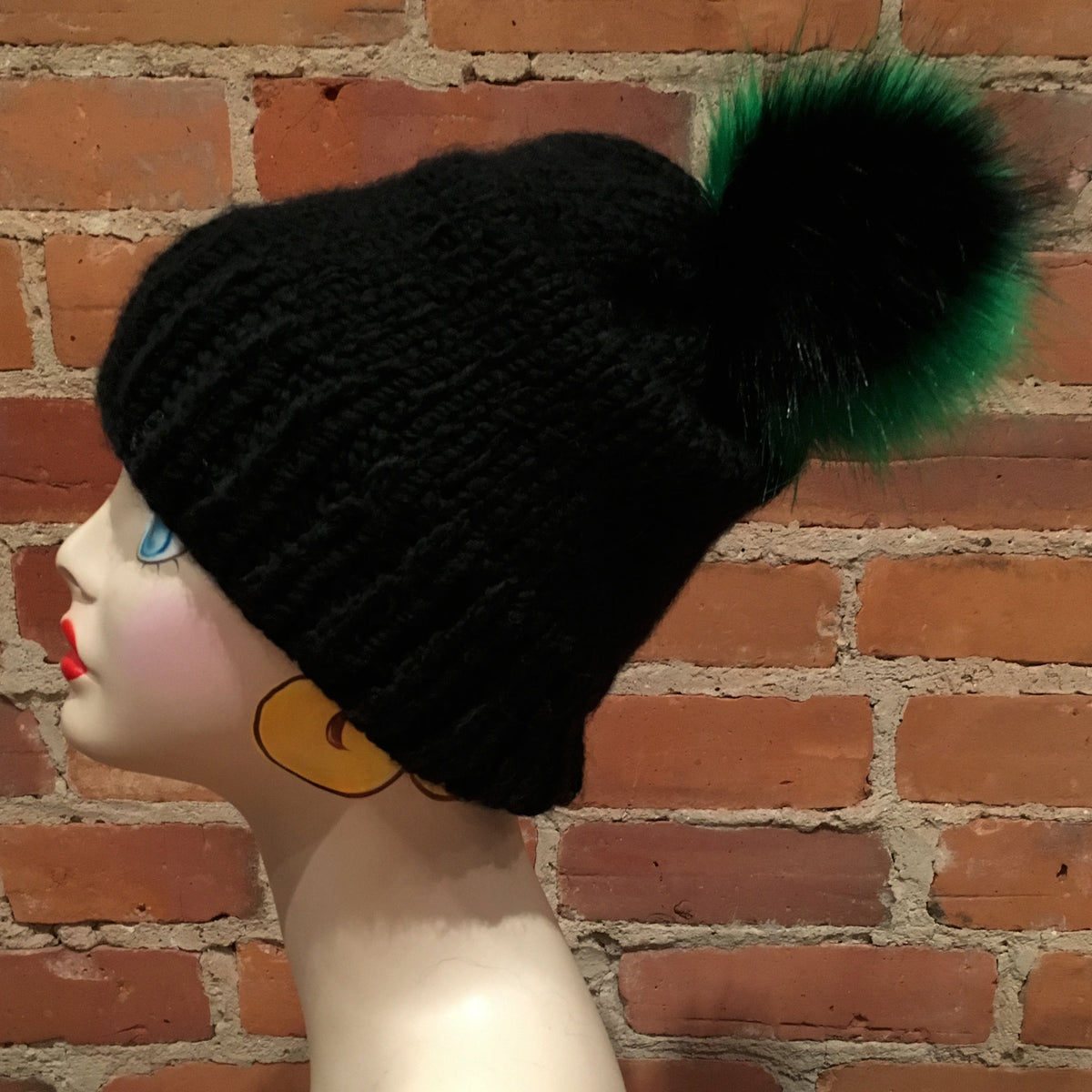 Green and Black Faux Fur Pom, 5 Inch
