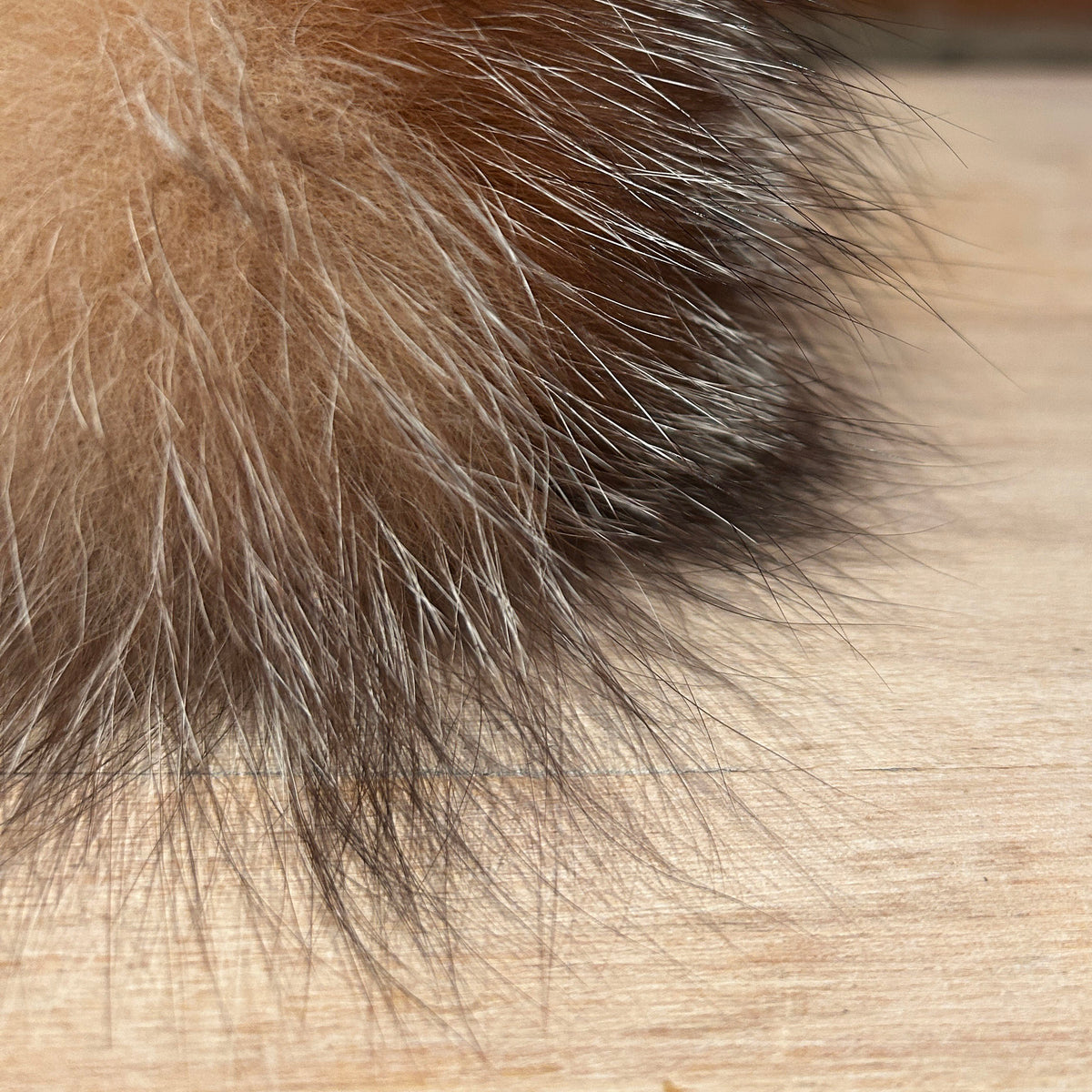 Close-up of a fluffy fox fur hat pom pom with a mix of brown, tan, and dark brown fibers resting on a light wood surface.