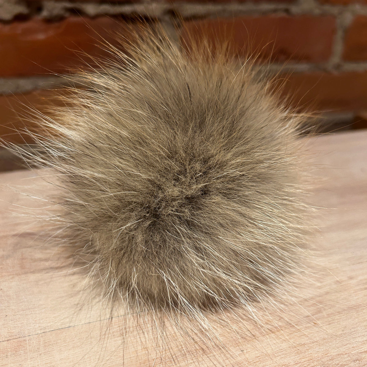 A fluffy Coyote fur pom-pom ball in a natural brown and beige color, resting on a light wood surface with a brick wall background.