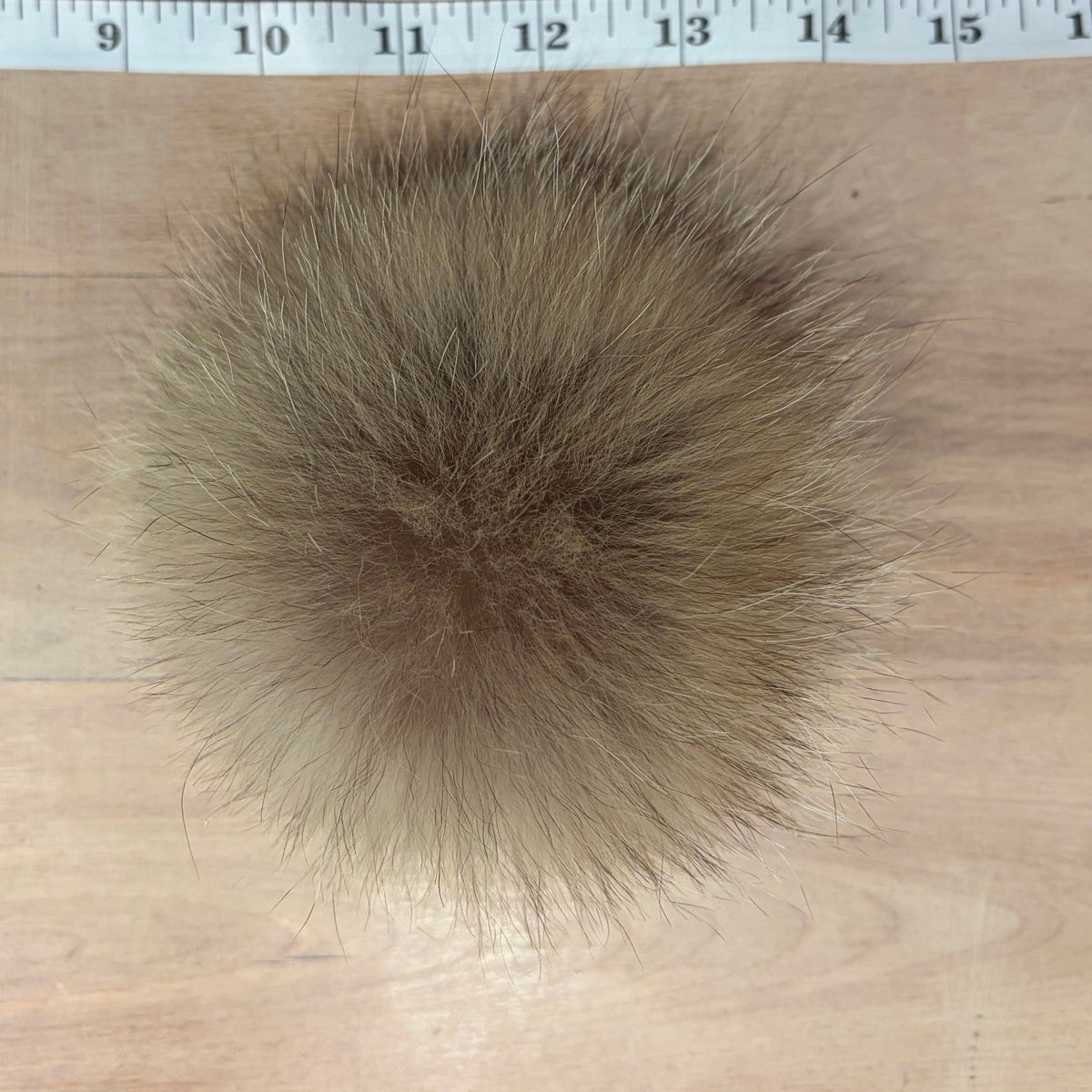 A round, fluffy coyote fur pom-pom in a natural brown and beige color, shown on a light wood surface with a measuring tape visible at the top for scale.