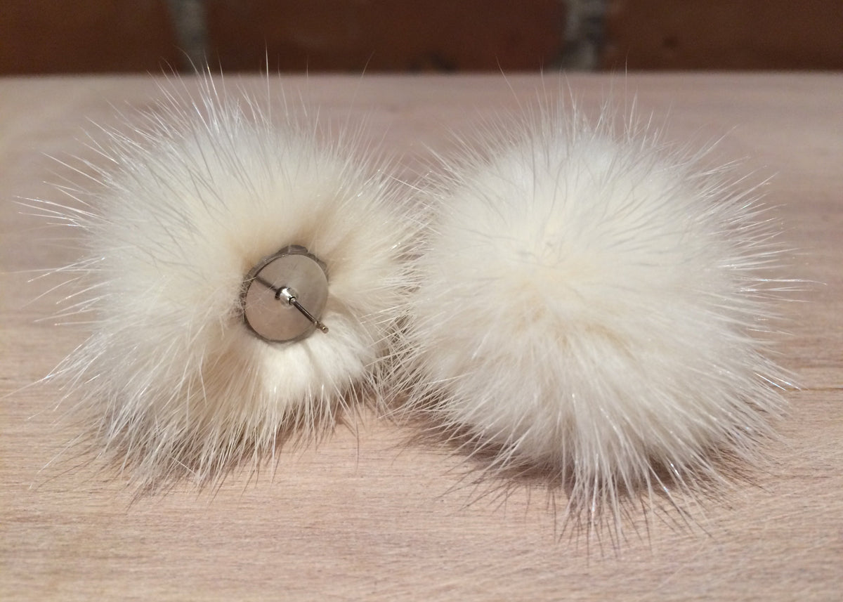 Ivory Mink Fur Pom Post Earrings