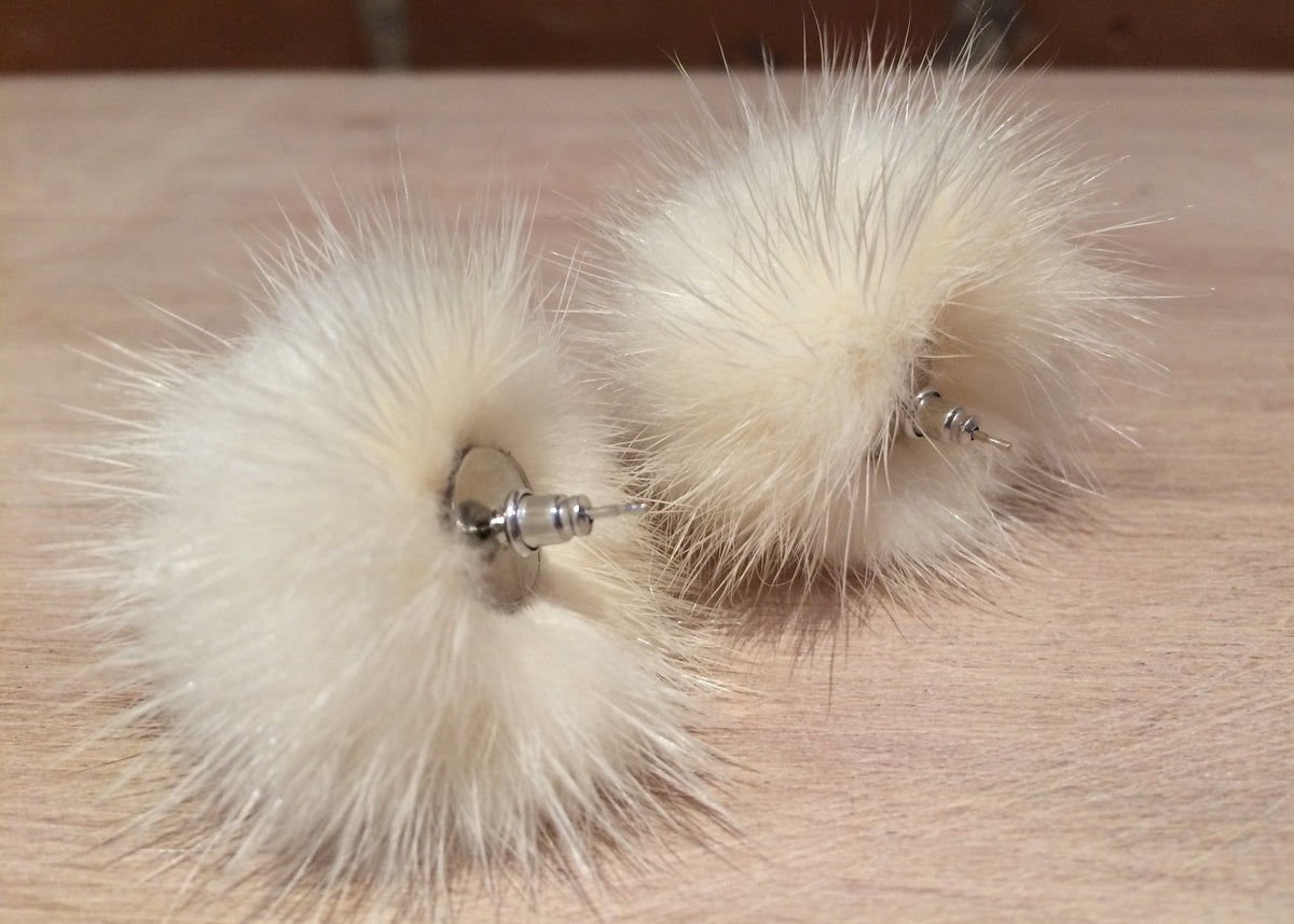 Ivory Mink Fur Pom Post Earrings