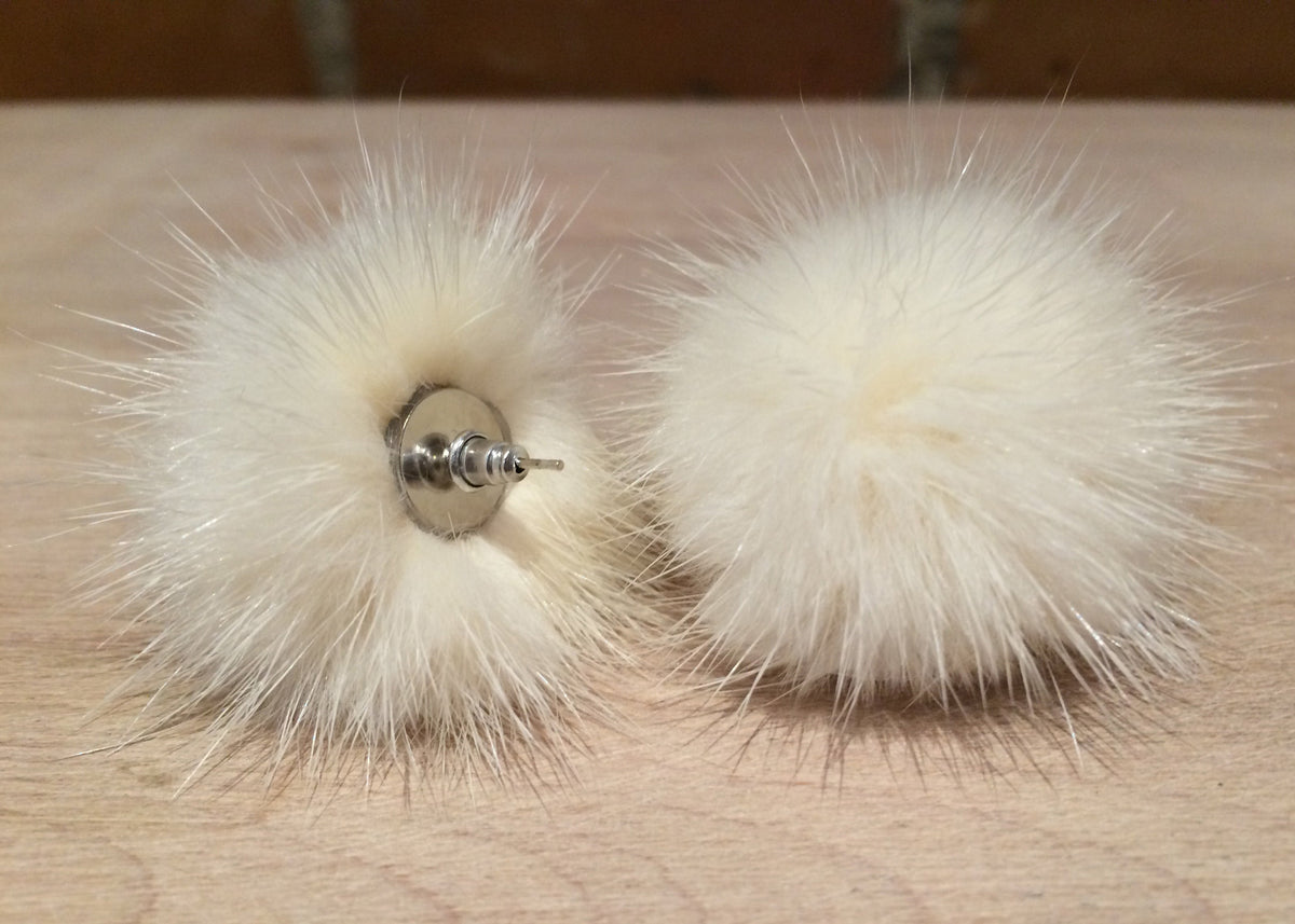 Ivory Mink Fur Pom Post Earrings