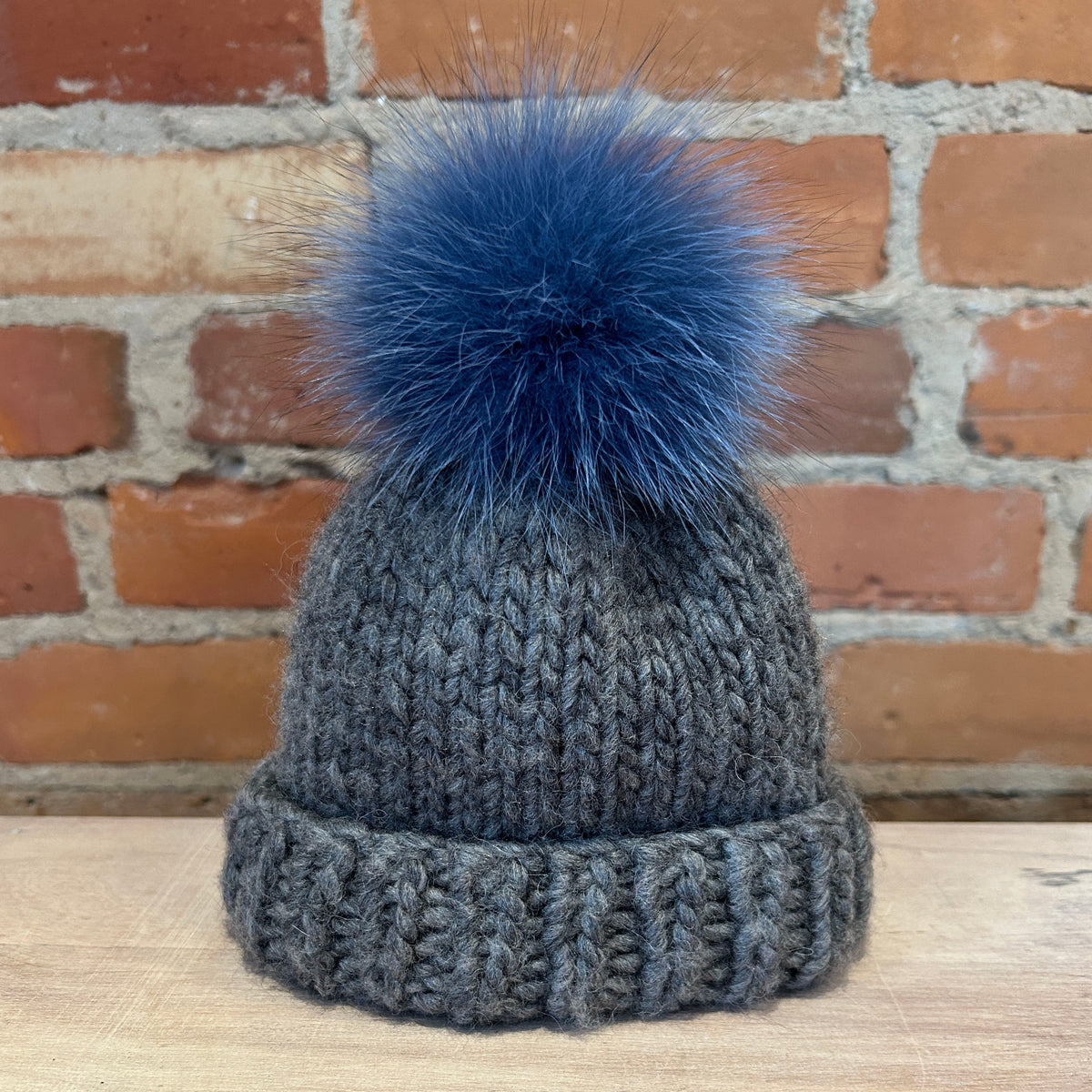 Denim Blue Fox Hat Pom, 3.5 Inch