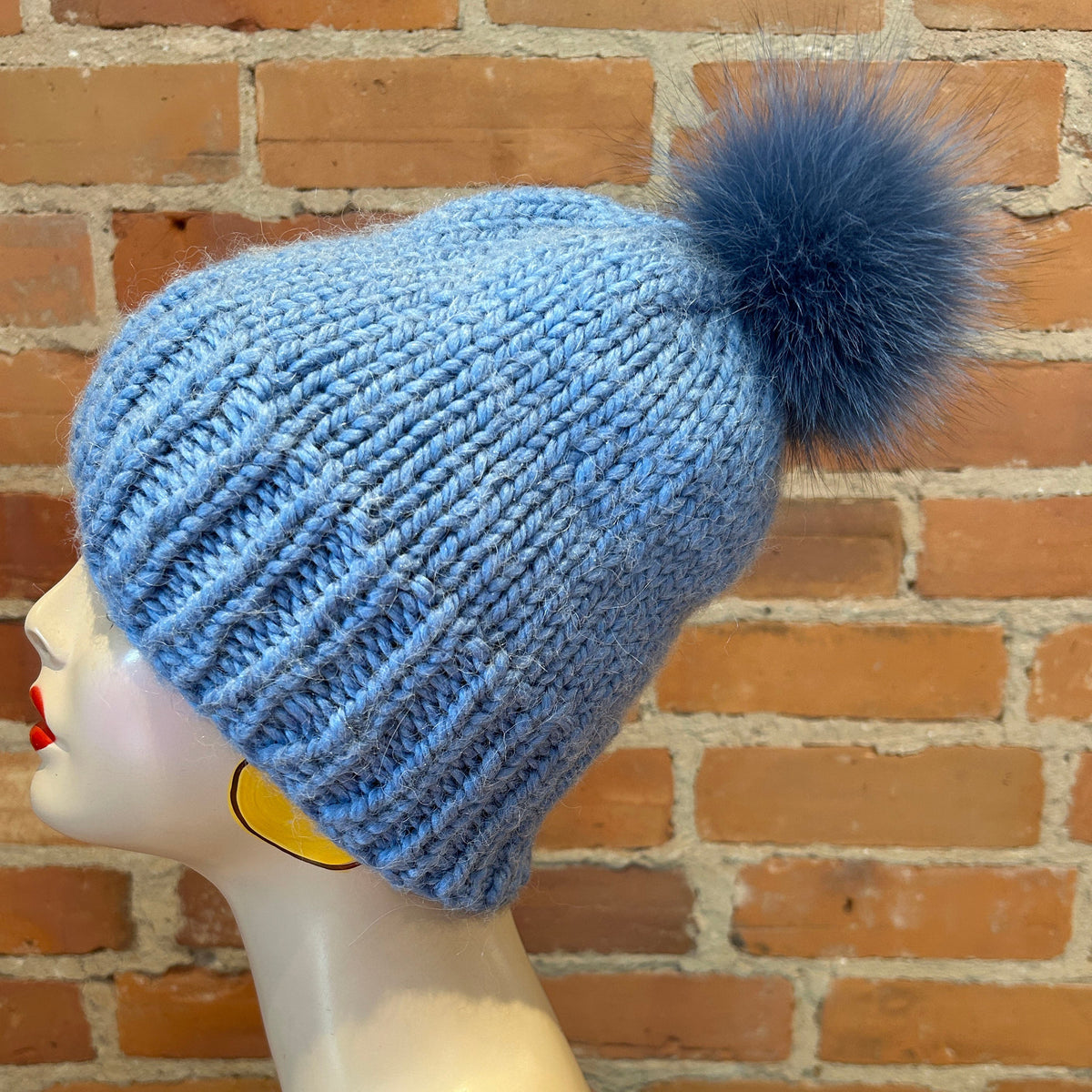 Denim Blue Fox Hat Pom, 3.5 Inch