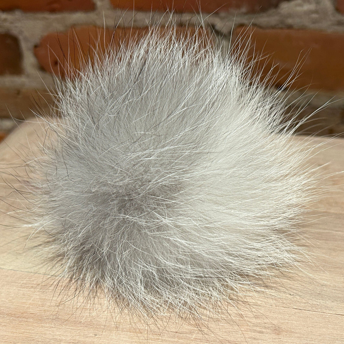 4.5 Inch grey and white fox fur pom pom for knit hat