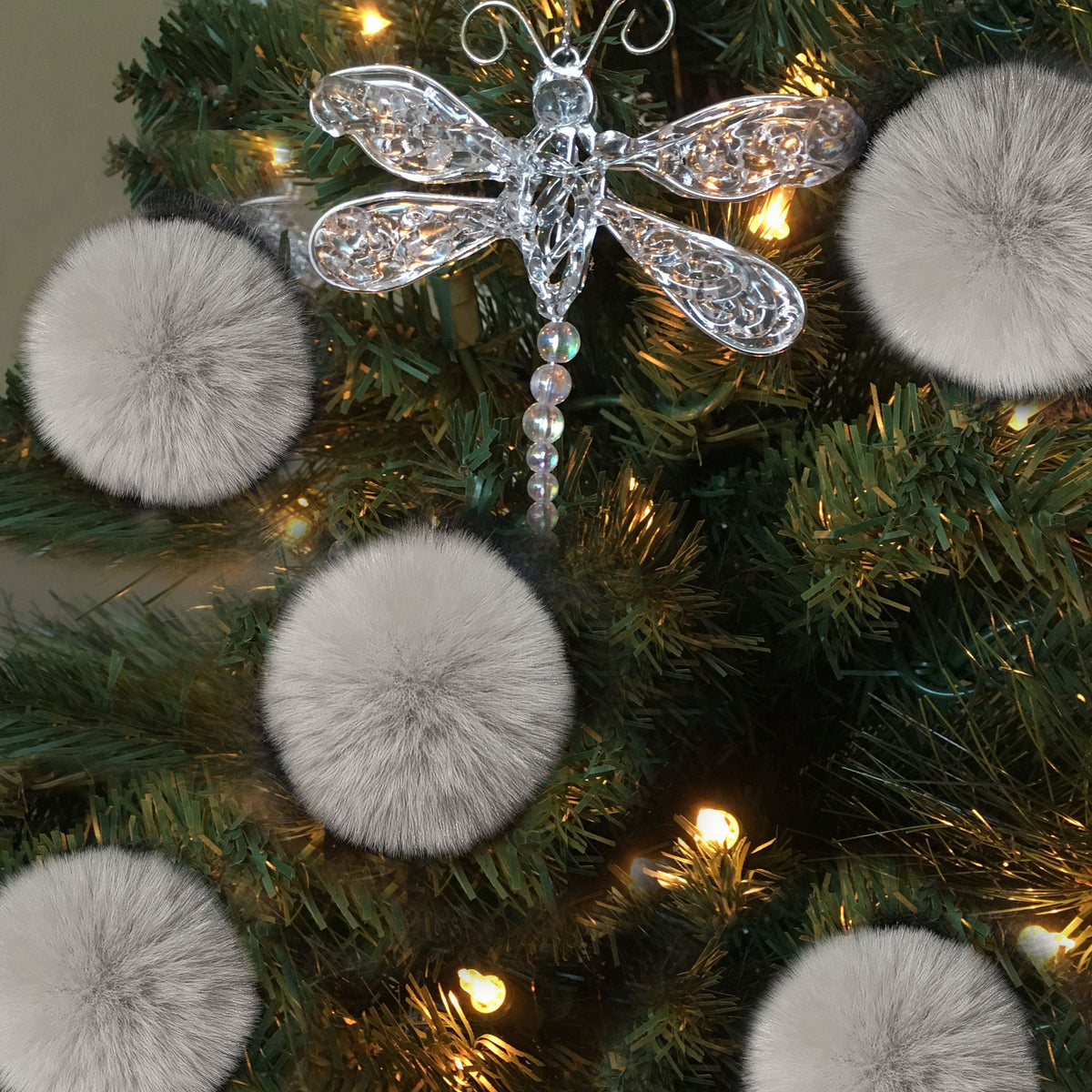 Six Silver Bells Grey Pom Ornaments