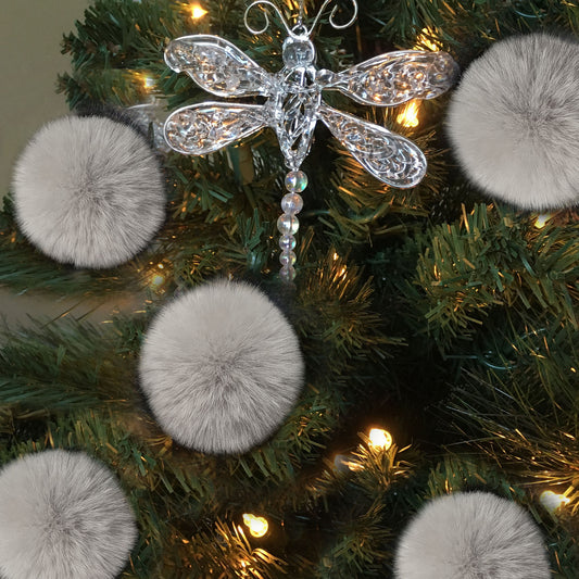 Six Silver Bells Grey Pom Ornaments