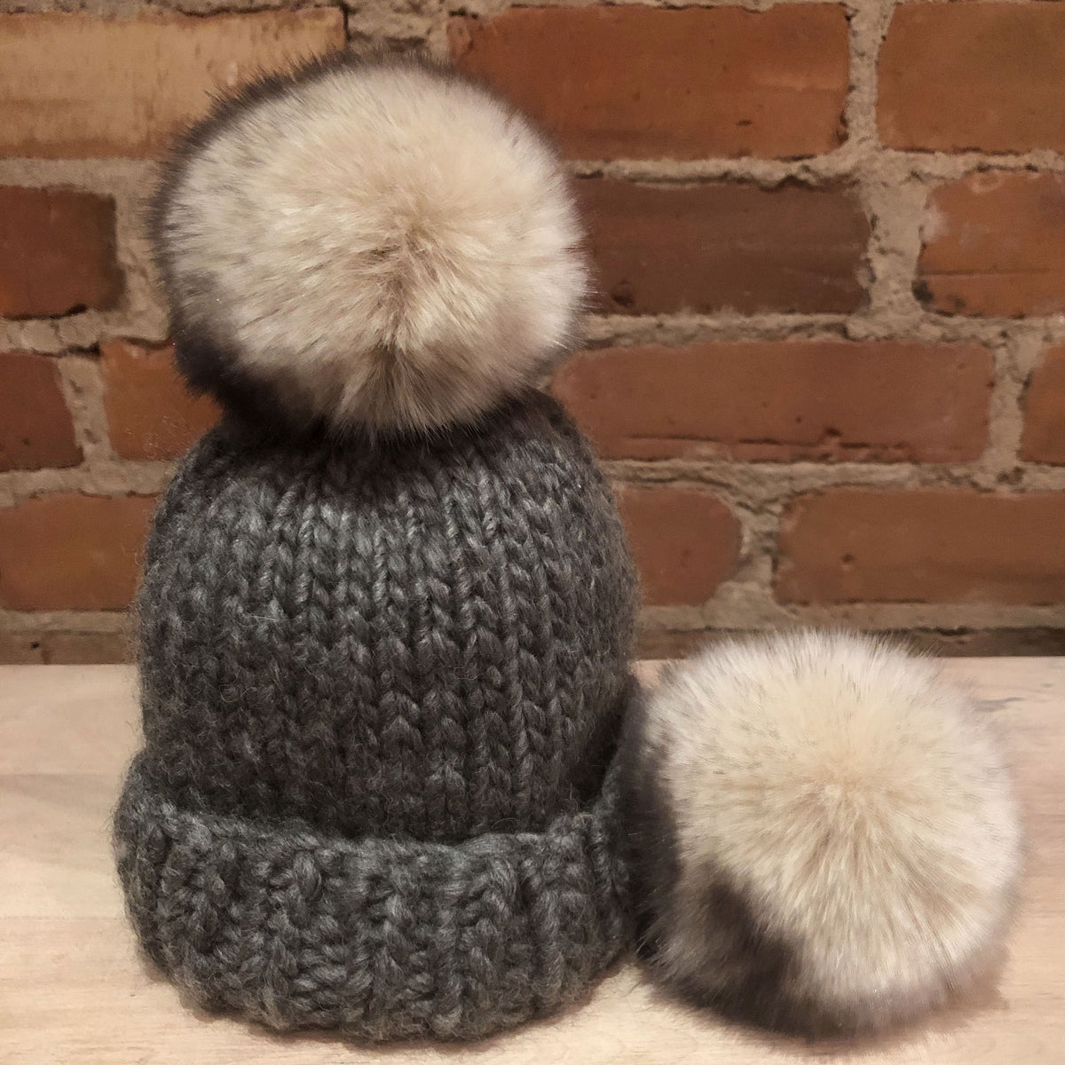 Beige Black Faux Fur Pom, 3.5Inch