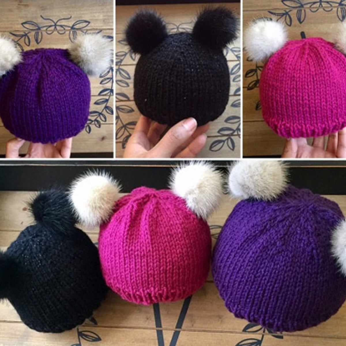 A collage showing mini mink pom poms on four knitted pom-pom hats in different colors: purple, black, bright pink, and dark purple, each with fluffy white pom-poms on the side. Two hats are shown being held by hands, and two are placed on a wooden surface.
