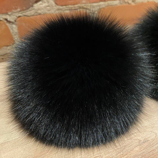 Jet Black Fox Fur Hat Pom Handmade from Upcycled Vintage Fur